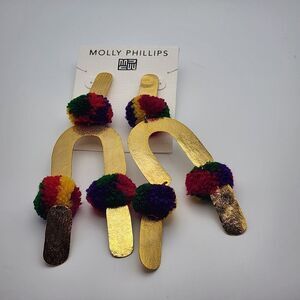 NWT Molly Phillips Gold Tone & Multicolored Pom Pom Dangling Earrings